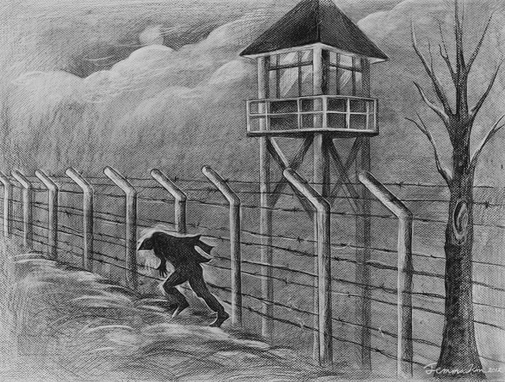 This is a charcoal sketch of an internment camp with view of guard tower and an internee by Jemma Kim in 2012. It is part of a series of sketches created for use in the Italian Canadian as Enemy Aliens: Memories of WWII permanent exhibit. The view is of the barbed wire fence and guard tower and an unidentified internee. The internee is running beside the barbed wire fence. The barren tree suggests it is winter or fall season. During World War II, Italian Canadians were interned at three internment camps. They were located at Petawawa, ON, Kananaskis, AB, and Fredericton, NB. There are many other internment camps in Canada which also housed German Canadians, Ukrainian Canadians, and other POWs both during the First and Second World Wars.