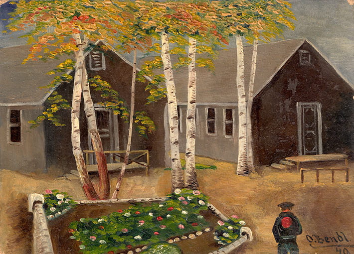 Oil painting on card stock of the barrack buildings and an internee in late summer/fall at Petawawa Internment Camp. Two barracks or dormitories are visible in the background. An internee with a red circle on the back of his jacket is seen in the right foreground. A flower garden is visible in the left foreground. In the central mid-ground are trees with leaves that are beginning to change colour. Barracks were wooden, single-storey structures which ranged in size depending on the camp — those at Petawawa contained 60 internees and had toilets, sinks, showers, and electric lighting. Regardless of location, the barracks contained wooden tables and benches, and a wood stove for heating in winter. Internees slept on bunk beds with a thin mattress. Every barrack was assigned a number and was represented by an appointed barrack leader. Internees had to keep their barracks clean. Barracks were inspected daily. Not much is known about the artist of this work — Oscar Bendl — other than he was presumably a German-Canadian internee who interacted with the Italian Canadians also held at Camp Petawawa. This painting was among the materials owned by internee Giacomo Venzon.