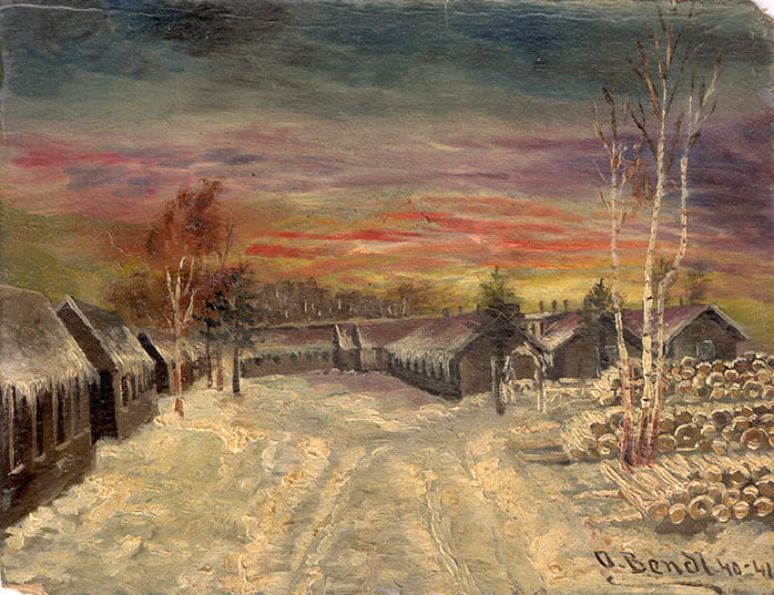 Oil painting on card stock of a sunset during winter at Petawawa Internment Camp. Barracks or dormitories are visible in the background. A pile of wood logs are visible at the right. Barracks were wooden, single-storey structures which ranged in size depending on the camp — those at Petawawa contained 60 internees and had toilets, sinks, showers, and electric lighting. Regardless of location, the barracks contained wooden tables and benches, and a wood stove for heating in winter. Internees slept on bunk beds with a thin mattress. Every barrack was assigned a number and was represented by an appointed barrack leader. Internees had to keep their barracks clean. Barracks were inspected daily. Not much is known about the artist of this work — Oscar Bendl — other than he was presumably a German-Canadian internee who interacted with the Italian Canadians also held at Camp Petawawa. This painting was among the materials owned by internee Giacomo Venzon.